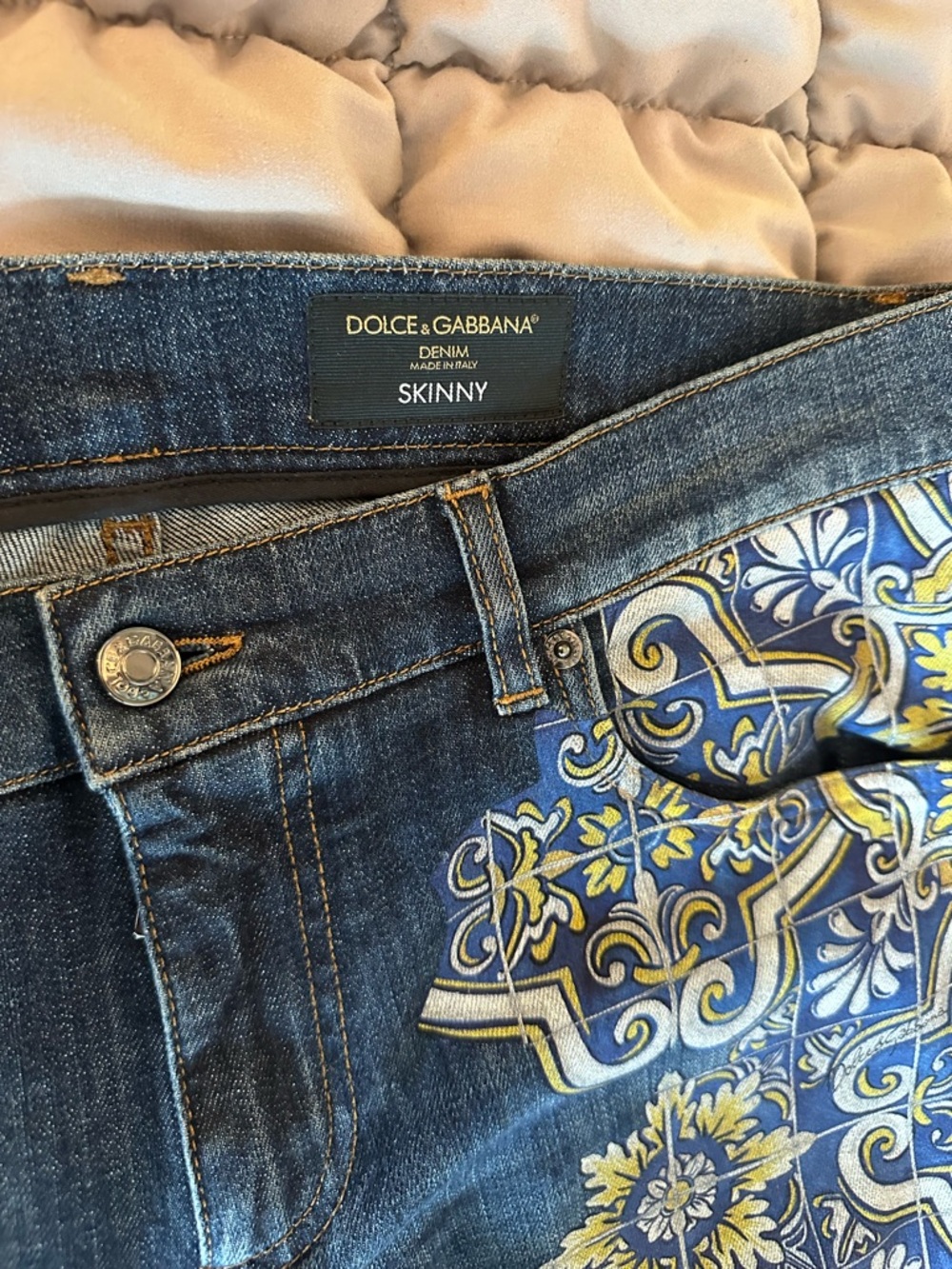 Dolce & Gabbana Dark Blue Denim Jeans with Blue & Gold Baroque Motif